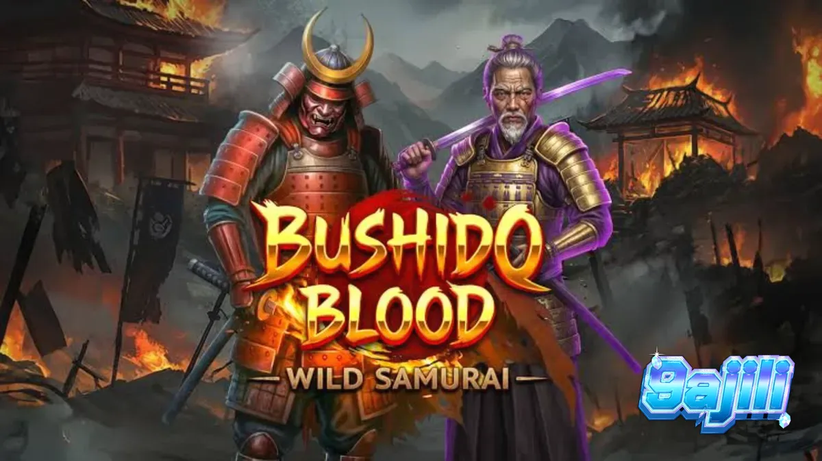 Isang mandirigmang samurai sa harap ng mga reels ng Bushido Blood slot.