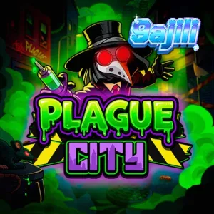 Isang madilim na tanawin ng lungsod na may neon-tinged na usok at mga simbolo ng Plague City slot.
